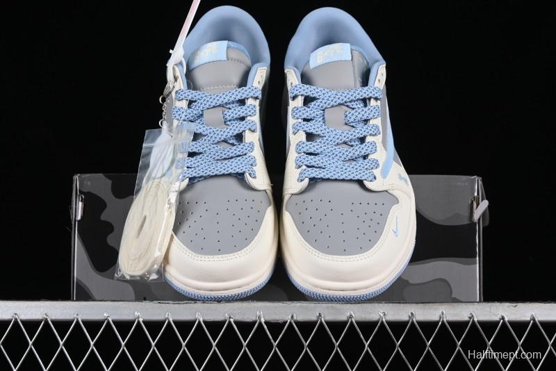 Nike Travis Scott x Fragment Design x Air Jordan 1 Low OG SP AJ1 LV Collaboration Deep Blue Low-Top Casual Sneakers - BB6588-104