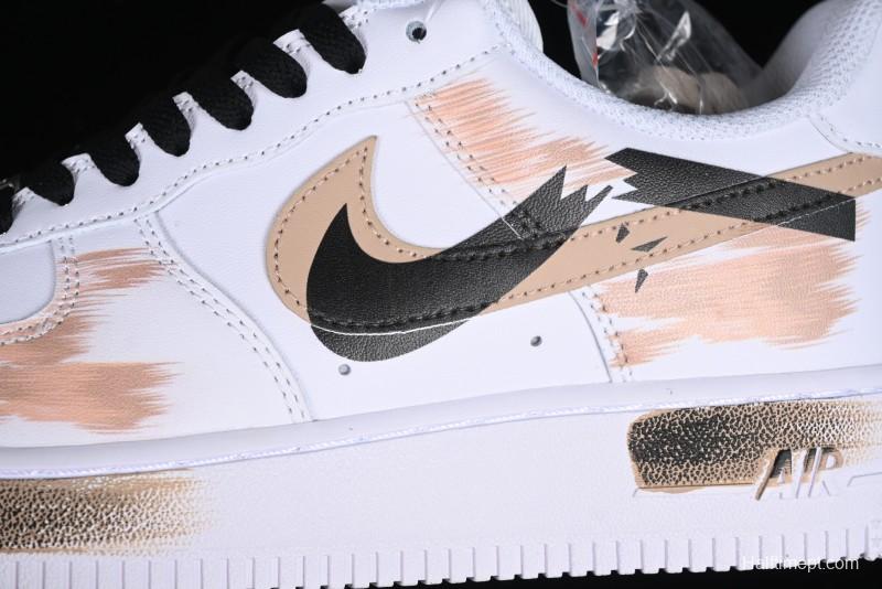 Nike Air Force 1 '07 Low Casual Sneakers with Anime-Inspired Hand-Painted Design, Broken Swoosh Shadow Effect, Brown/Black - CW2288-111