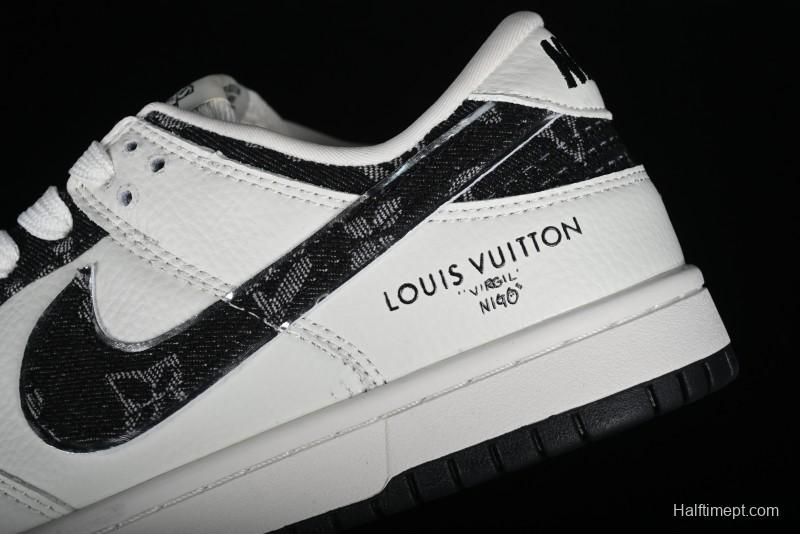 Nike SB Dunk Low LV Collaboration - Beige Black Denim Floral Anniversary High-End Custom Low-Top Casual Skate Shoes - XB3802-358