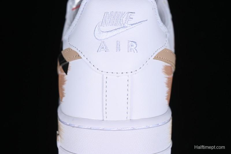 Nike Air Force 1 '07 Low Casual Sneakers with Anime-Inspired Hand-Painted Design, Broken Swoosh Shadow Effect, Brown/Black - CW2288-111