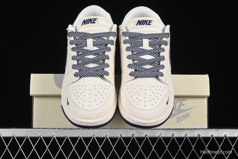 Nike SB Dunk Low Anniversary Premium Custom Low-Top Casual Skate Shoes in Off-White with Navy Blue Swoosh - SJ1089-004