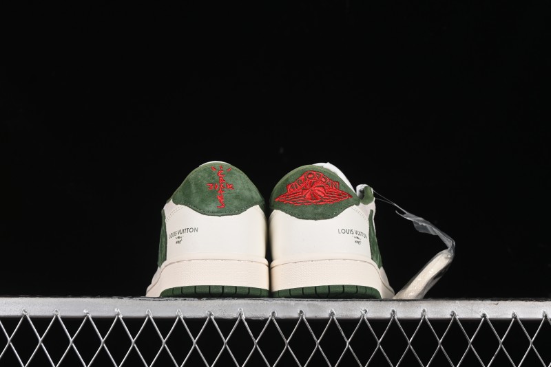 Nike Travis Scott x Fragment Design x Air Jordan 1 Low OG SP AJ1 LV Collaboration - Grey Green Pigskin Low Top Casual Sneakers - XZ1268-005