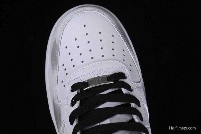 Nike Air Force 1 '07 Mid Casual Sneakers in White/Grey/Black with Hand-Painted Cracked Swoosh Shadow Detail - CW2289-111