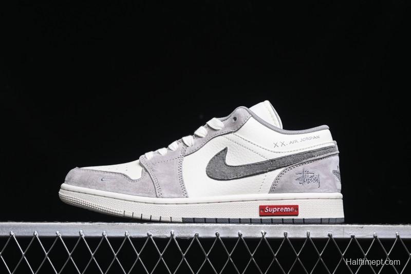 Nike Air Jordan 1 Low Stussy Collaboration - Grey White Dual-Tone Red Tag Retro Basketball Shoes - SJ9950-031