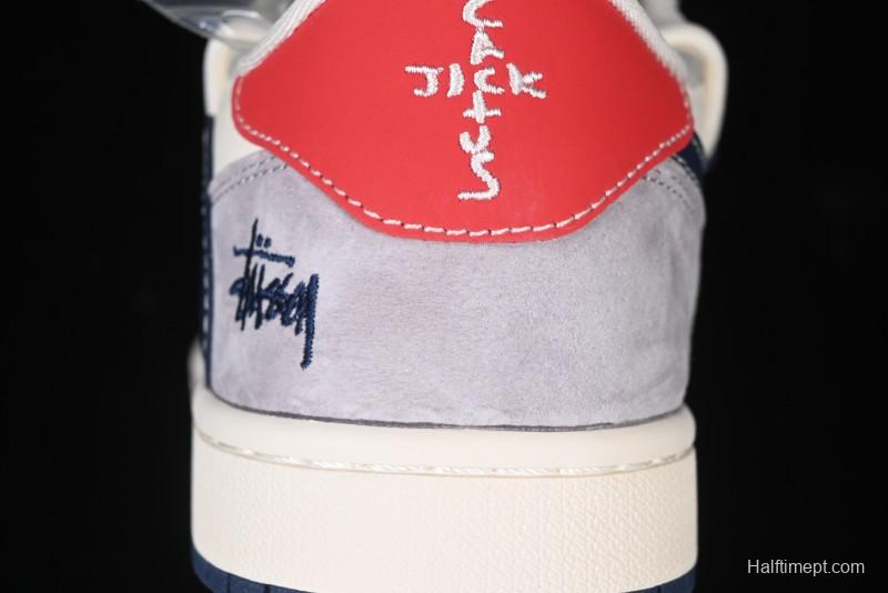 Nike Travis Scott x Fragment Design x Air Jordan 1 Low OG SP AJ1 Stussy Collaboration - Grey Blue Hook Lace Low Top Casual Sneakers - SJ0086-140