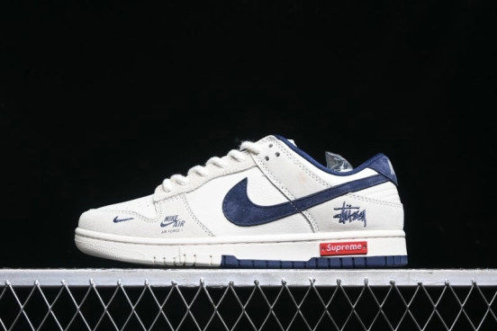 Nike SB Dunk Low Supreme x Stussy Triple Collaboration - Off White Navy Swoosh Anniversary High-End Custom Low-Top Casual Skate Shoes - SJ2068-271