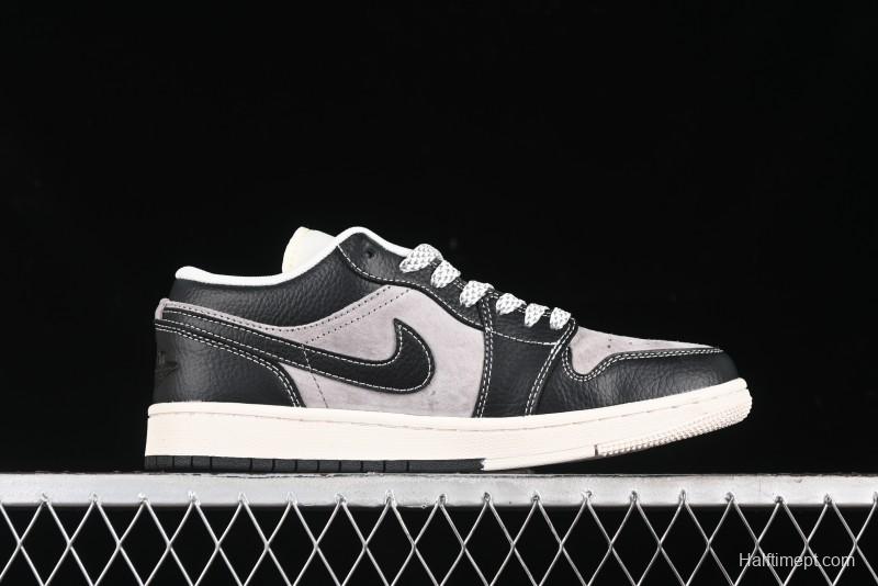 Nike Air Jordan 1 Low Supreme Collaboration - Black Grey Pigskin Two-Tone High-End Custom Retro Basketball Shoes - SJ9950-032