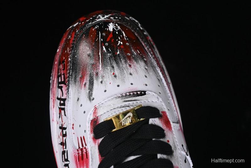 Nike Air Force 1 '07 Low Casual Sneakers with 2D Black and White Hand-Painted Blood Night Stitching Design - CW8822-011