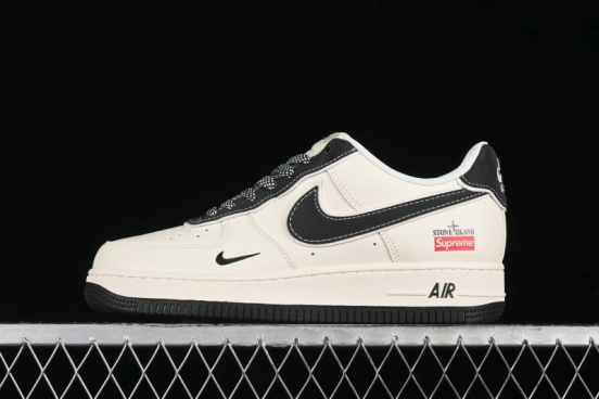 Nike Air Force 1 '07 Low Stone Island x Supreme Collaboration - Off-White Black Heel Casual Sneakers - BB1616-307