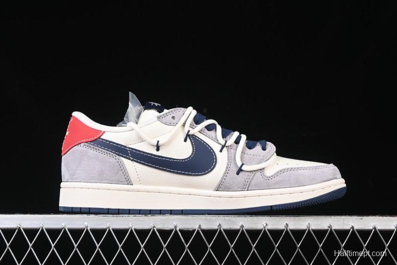 Nike Travis Scott x Fragment Design x Air Jordan 1 Low OG SP AJ1 Stussy Collaboration - Grey Blue Hook Lace Low Top Casual Sneakers - SJ0086-140