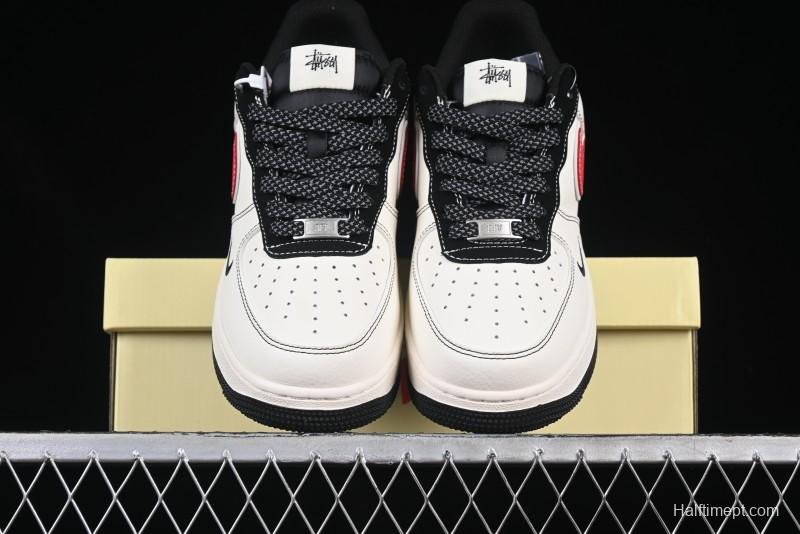 Nike Air Force 1 '07 Low Stussy Collaboration Black Stitch Red Swoosh Casual Sneakers - XS1958-518