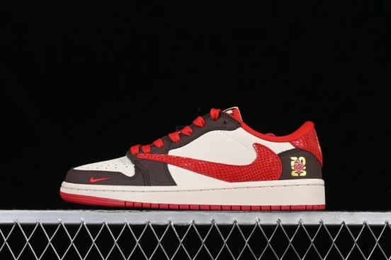 Nike Travis Scott x Fragment Design x Air Jordan 1 Low OG SP AJ1 Snake Year Limited Edition Snake Scale Red Hook Low Top Lifestyle Casual Sneakers - CH6336-020