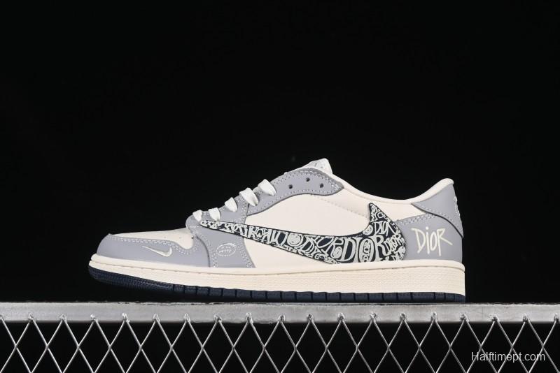 Nike Travis Scott x Fragment Design x Air Jordan 1 Low OG SP AJ1 Dior Collaboration Embossed Pattern Low-Top Casual Sneakers - XS2024-023