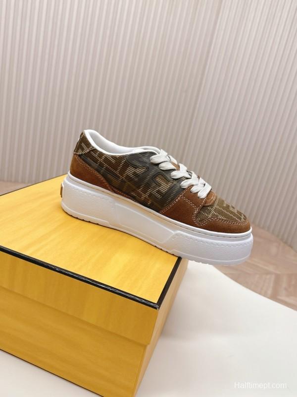 2025 Women Fendi Brown Leather Canvas Sneakers