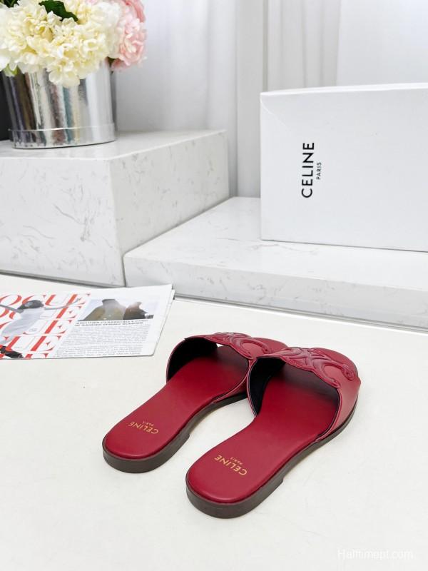 2025 Women CELINE Red Leather Slippers