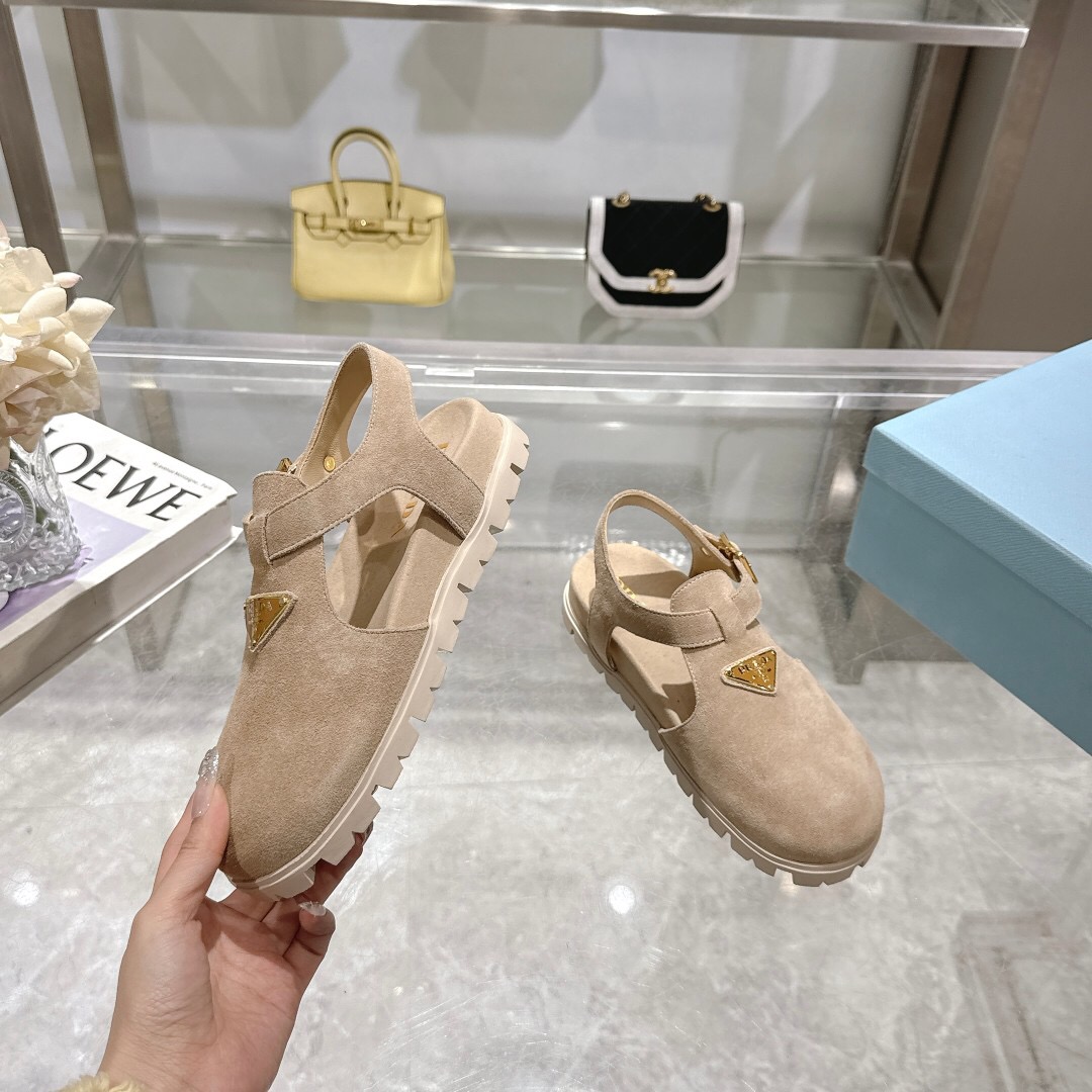 2025 Women Prada Beige Suede Slingback Flat LY00270