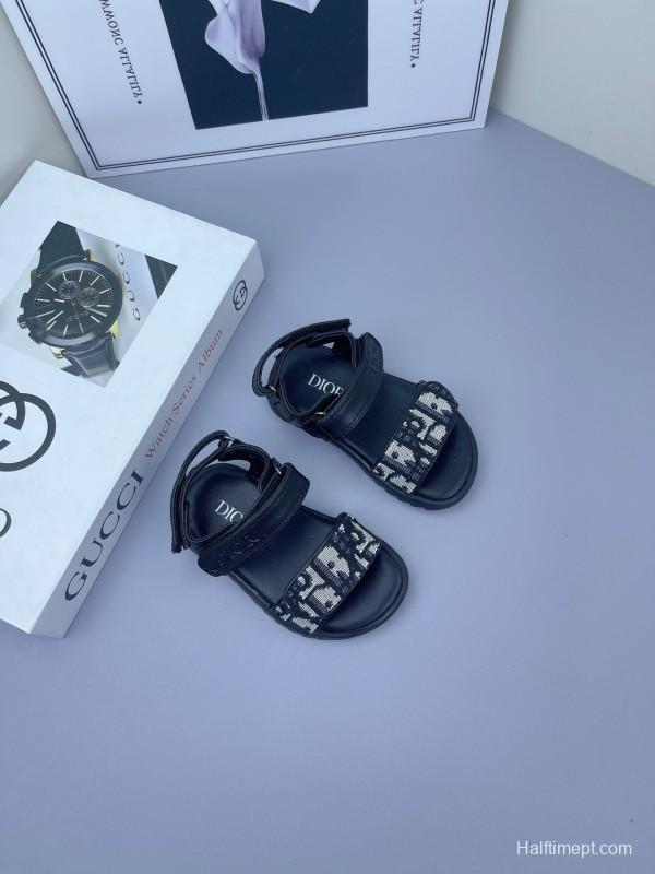 2025 Kids Dior Black Fabric Leather Sandals
