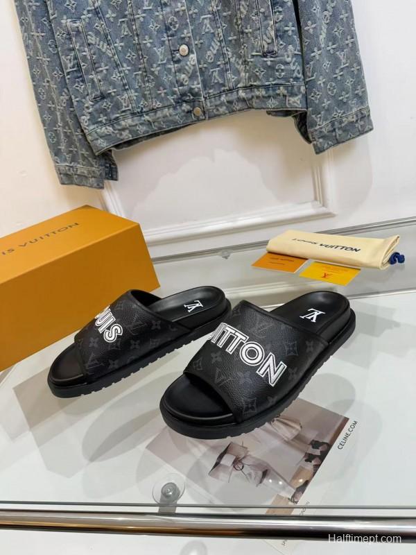 2025 Slippers Louis Vuitton Black Leather Slippers LY