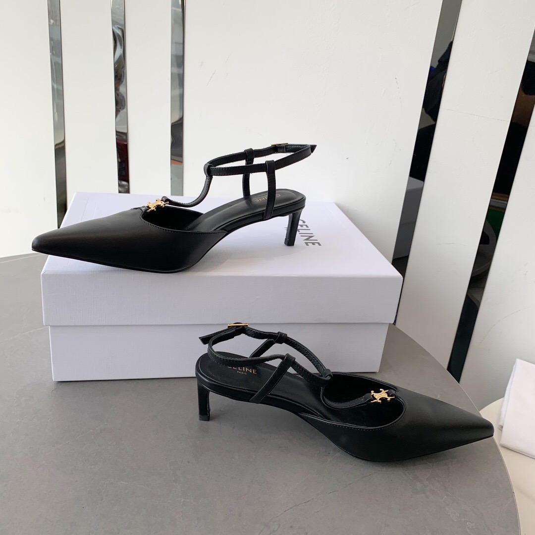 2025 Women Celine Black Calfskin Leather T-Strap TRIOMPHE Pumps