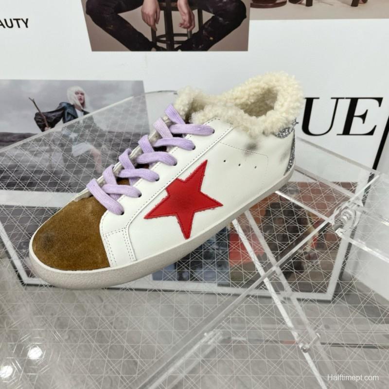 2025 Women GGDB White Red Brown Leather Shearling Sneakers