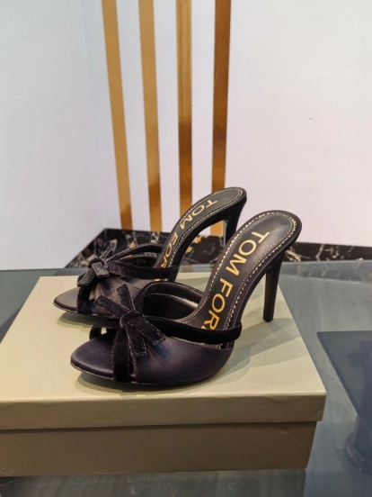 2025 Women TOM FORD Black Velvet High Heel Backless Sandals KFY00290