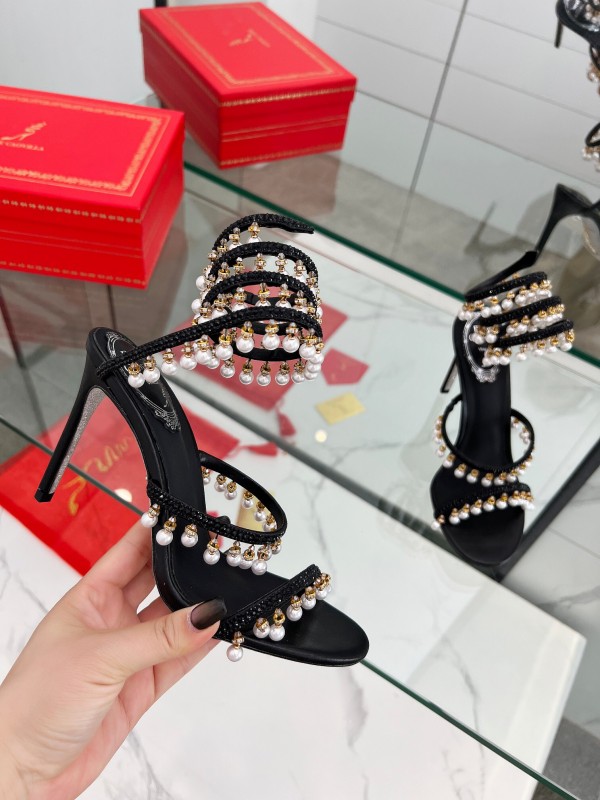 2025 Women RC Black Silk Crystal Pearl High Heel Sandals LY00360