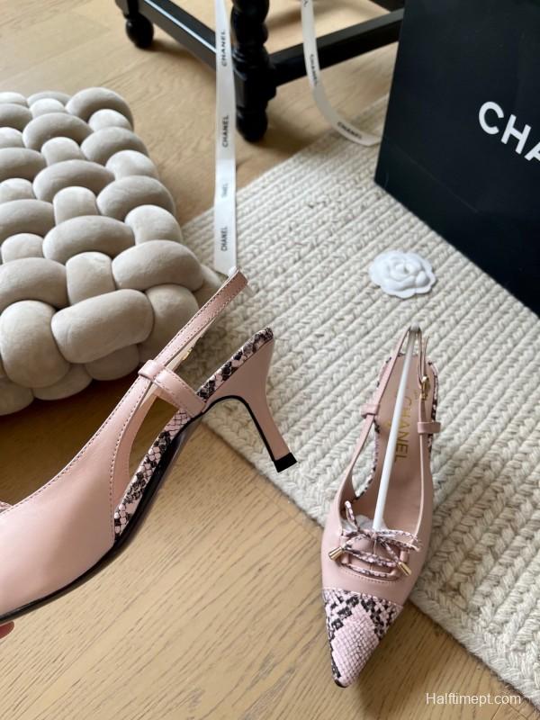 2025 Women Chanel Pink Python Leather Bow High Heels KFY00320