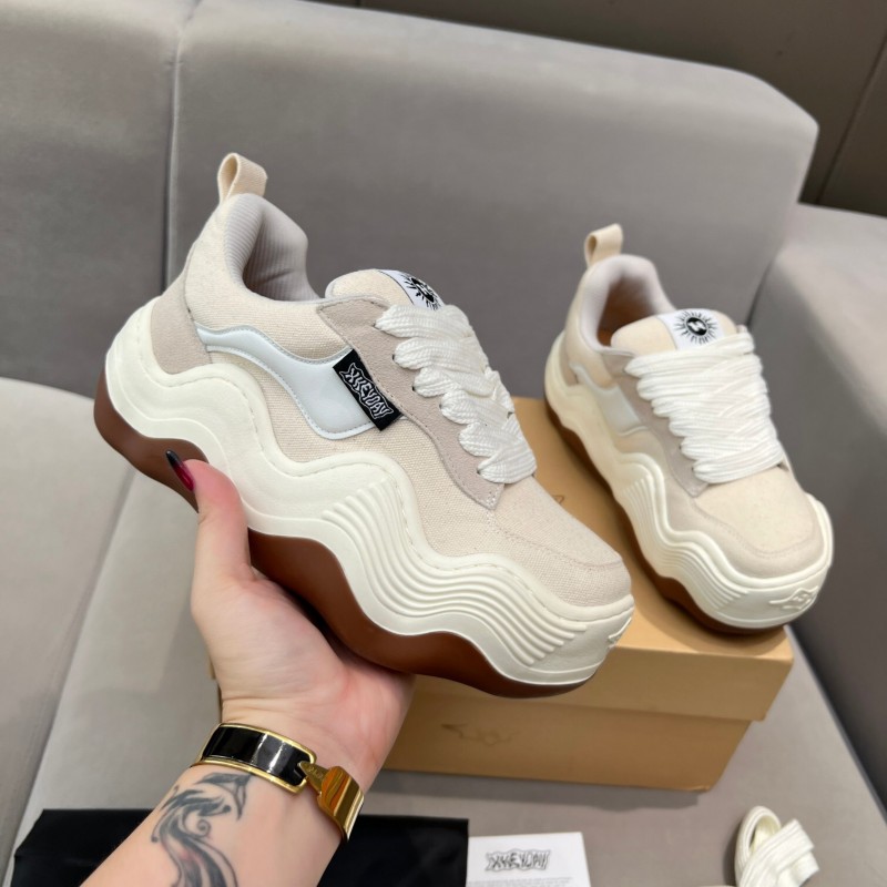 2025 Unisex HEYDAY Beige White Canvas Leather Wave Bread Sneakers KFY00260