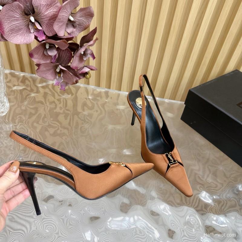 2025 Women Yves Saint Laurent Brown Leather Slingback Pumps MJ00300