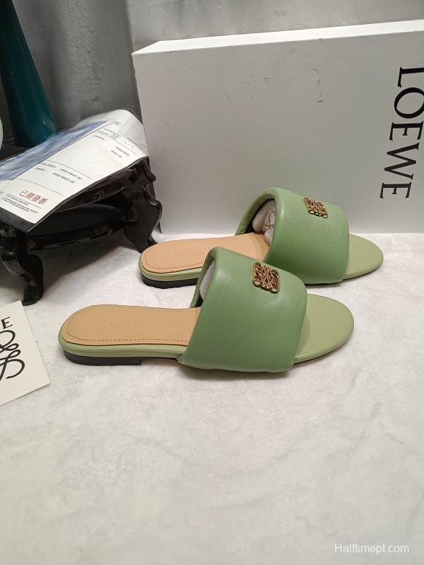 2025 Women Loewe Green Leather Slippers