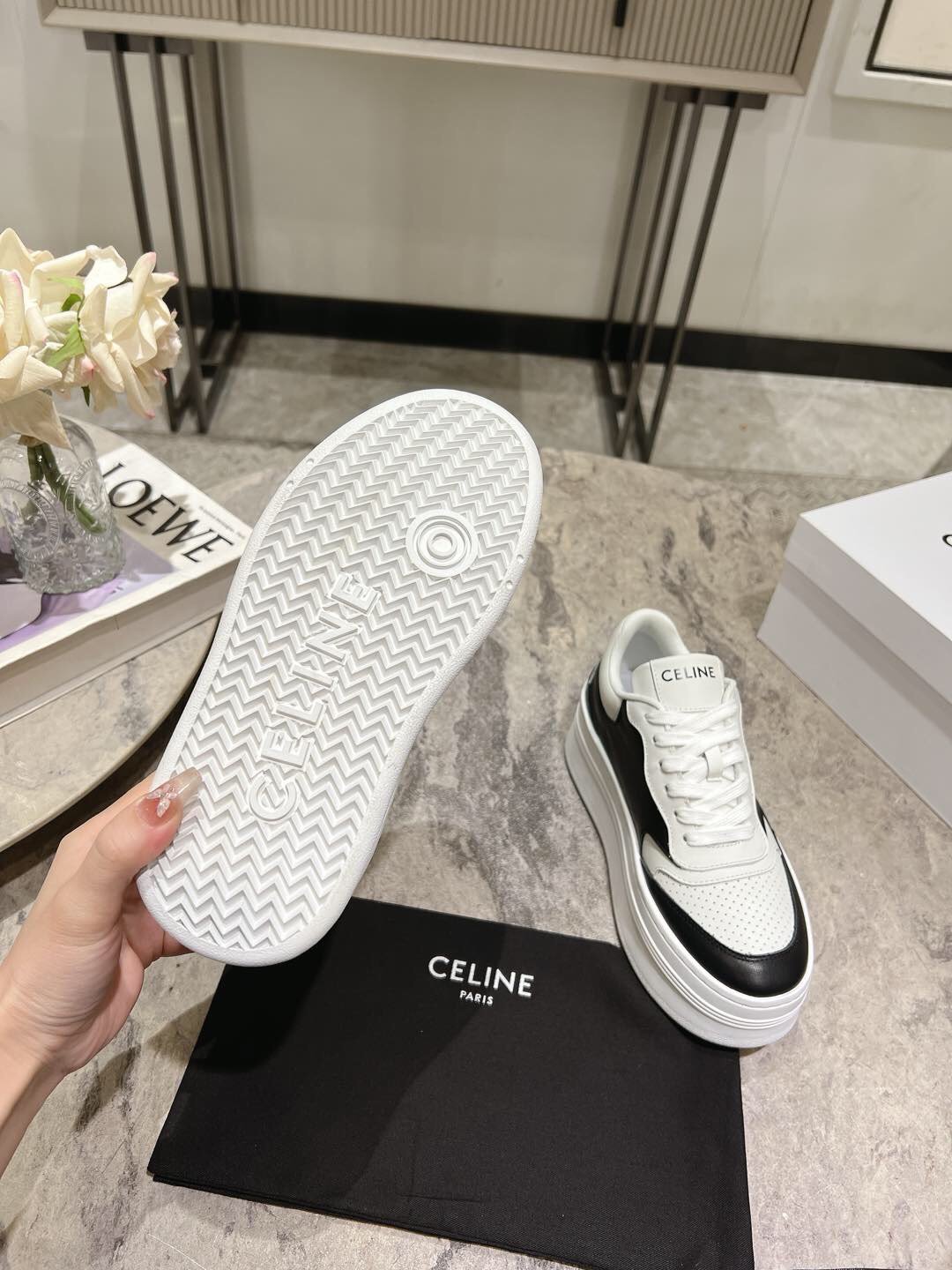 2025 Women Celine Black White Leather Platform Sneakers KFY00330