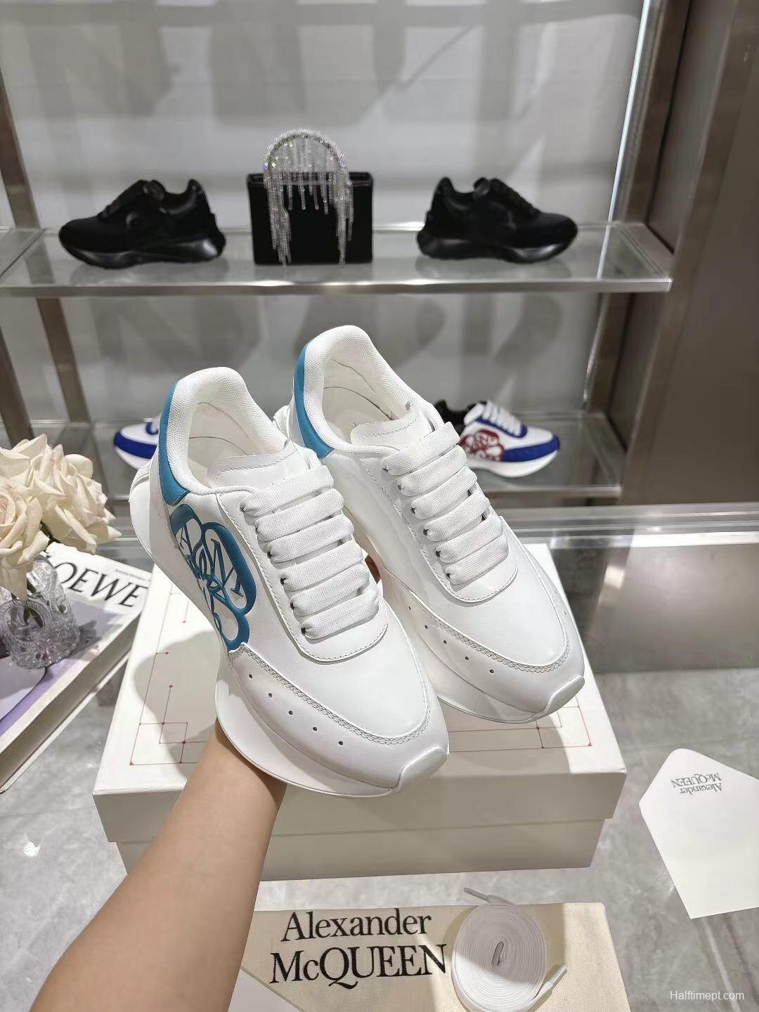 2025 Women Alexander McQueen White Blue Leather Sneakers LY00340