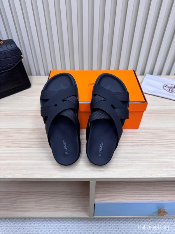 2025 Slippers Unisex Hermès Black Leather Slippers