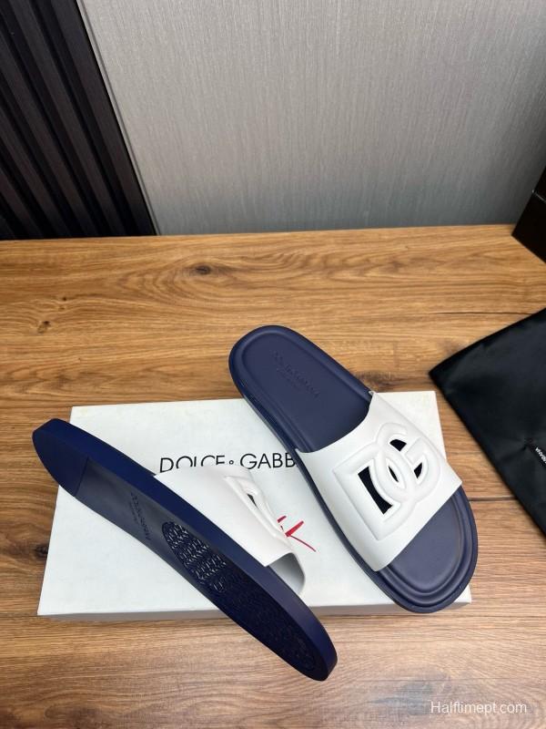 2025 Slippers Dolce & Gabbana White Navy Rubber Slippers