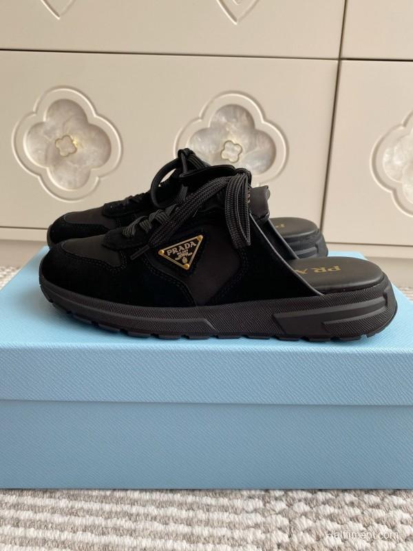 2025 Women Prada Black Nylon Leather Sneakers LY00290