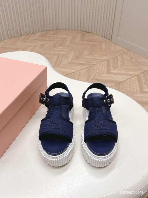 2025 Women Miu Miu Navy Canvas Sandals LY00420