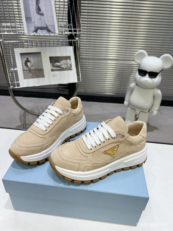 2025 Unisex Prada Beige Suede Leather Sneakers