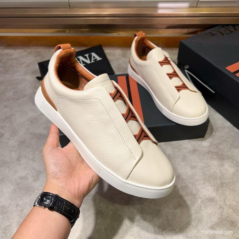 2024 Men Ermenegildo Zegna White Brown Calf Leather Pelletessuta Sneakers Elastic Detail MJ00280