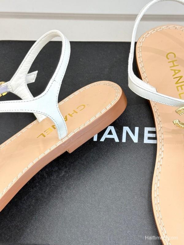 2025 Women Chanel White Leather Sandals KFY00290