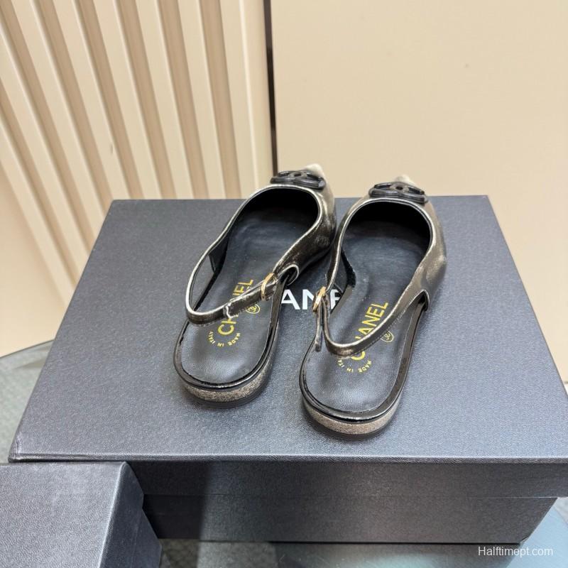 2025 Women Chanel Black Silver Satin Sandals KFY00290