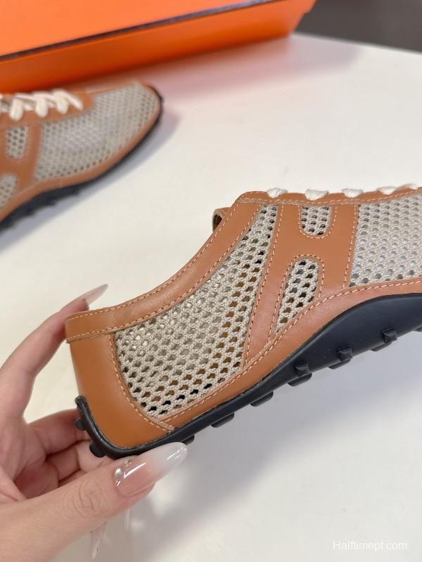 2025 Women Hermès Beige Brown Leather Mesh Sneakers KFY00250