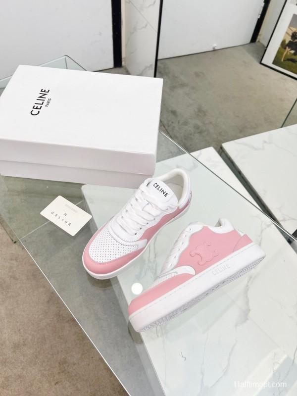 2025 Women CELINE White Pink Leather Sneakers