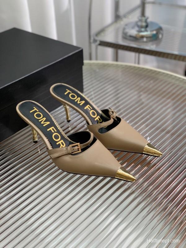 2025 Women TOM FORD Beige Gold Leather Pointed Toe Mules KFY00300