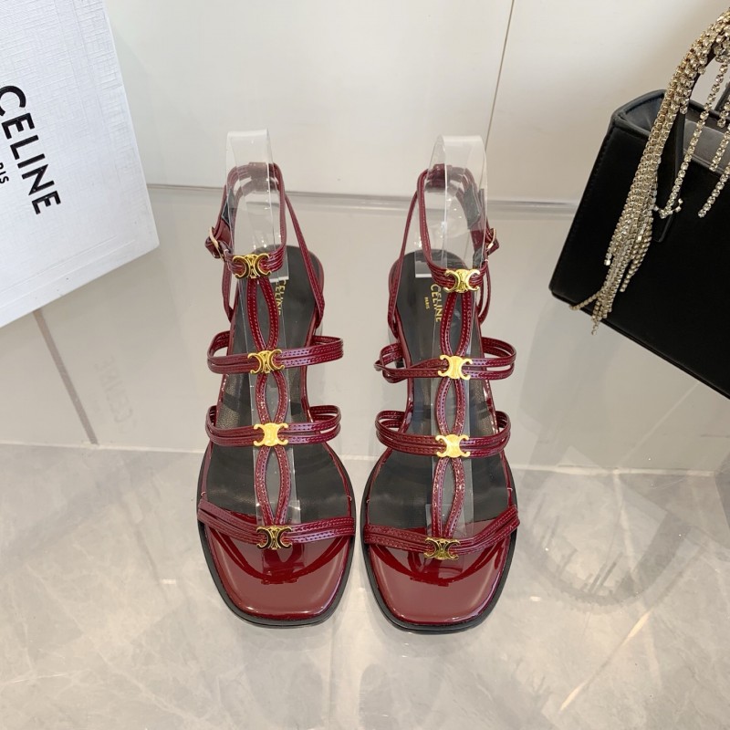2025 Women Celine Burgundy Patent Leather Sandals KFY00300
