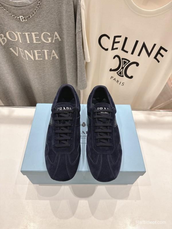 2025 Unisex Prada Navy Blue Suede Casual Shoes KFY00300