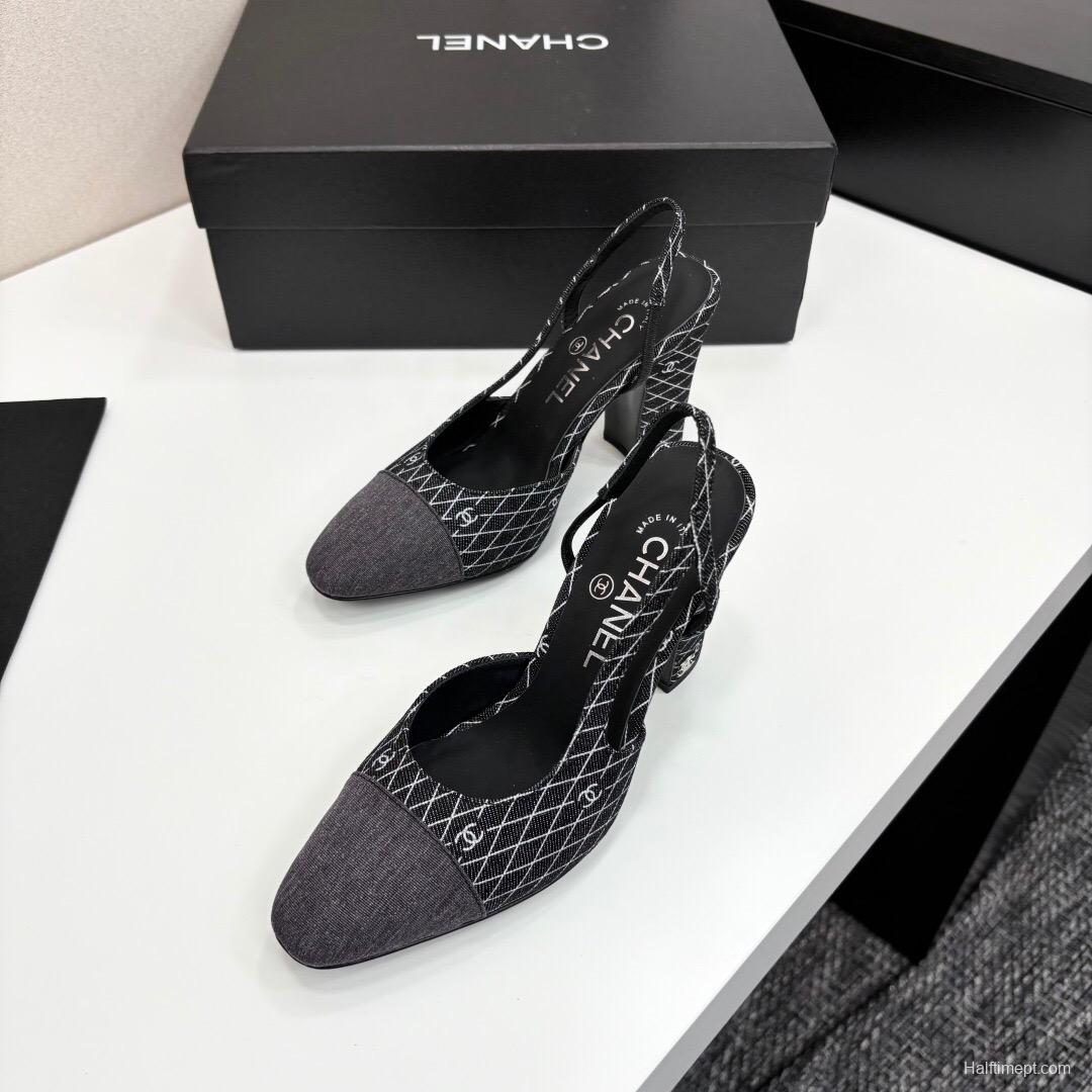 2025 Women Chanel Black Grey Fabric Slingback Heels LY00270