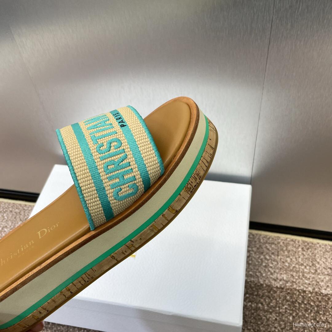 2025 Women Dior Blue Beige Fabric Leather Platform Slide Sandals