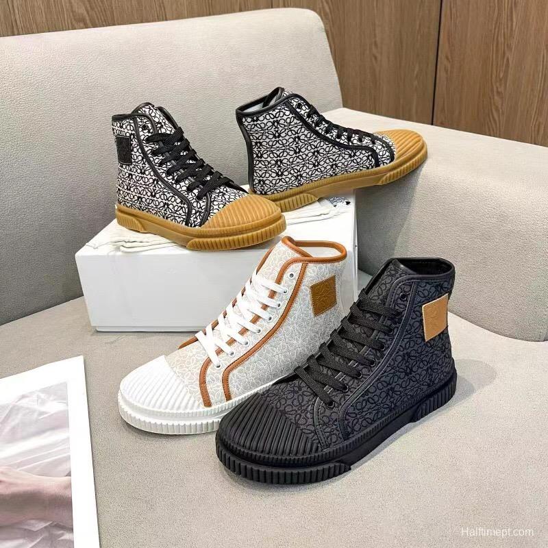 2025 Women Loewe White Brown Canvas High-top Sneakers LY00420