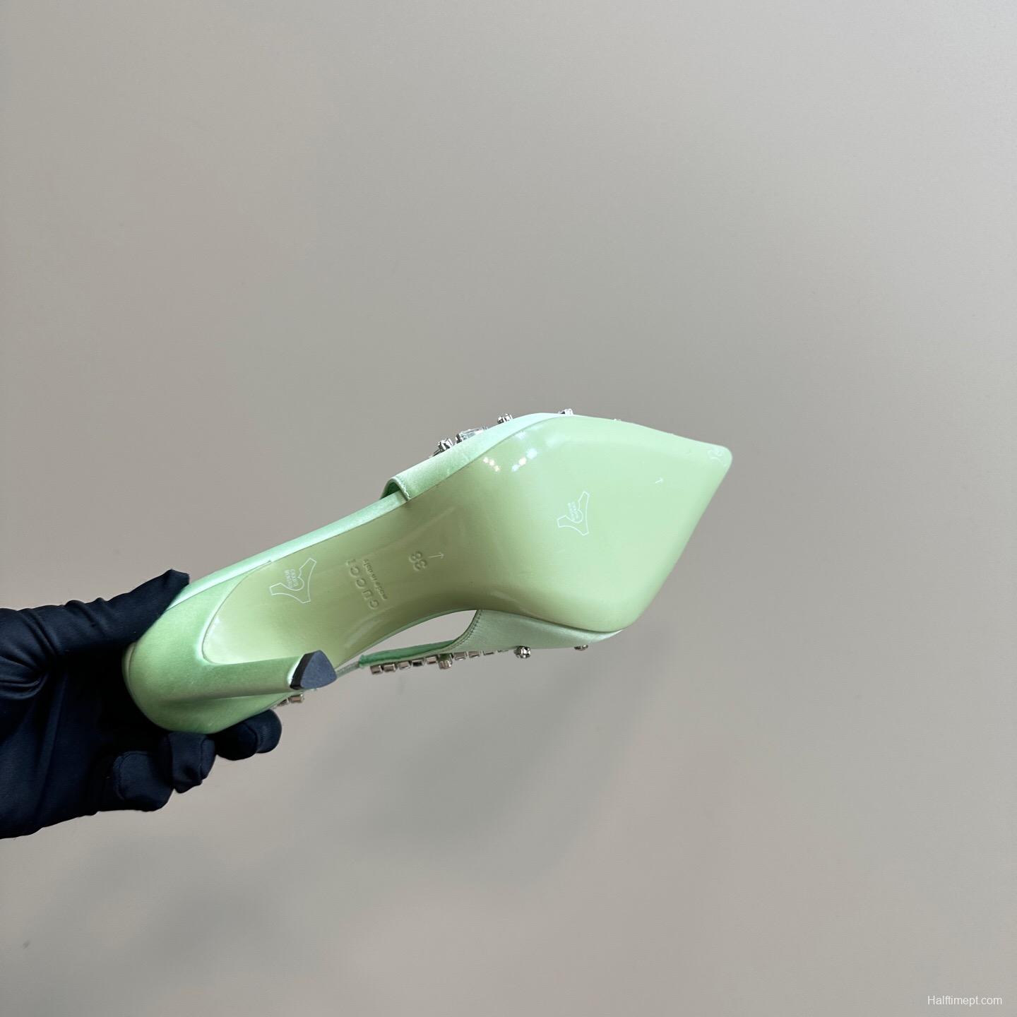 2025 Women Gucci Green Satin Slingback High Heel Crystal Embellished KFY00340