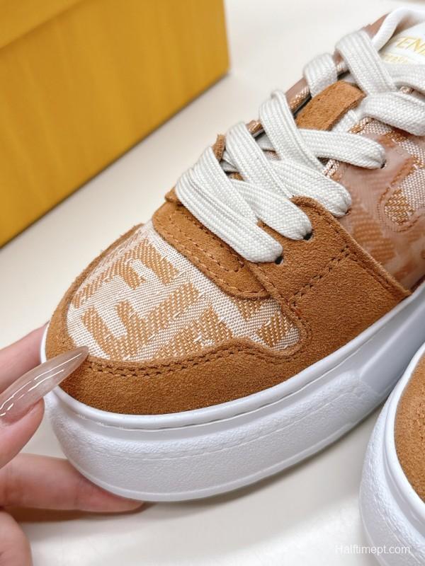 2025 Women Fendi Brown Leather Fabric Sneakers LY00340